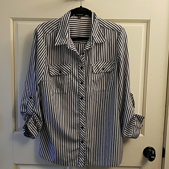 Navy and White striped button down blouse - Picture 2 of 7